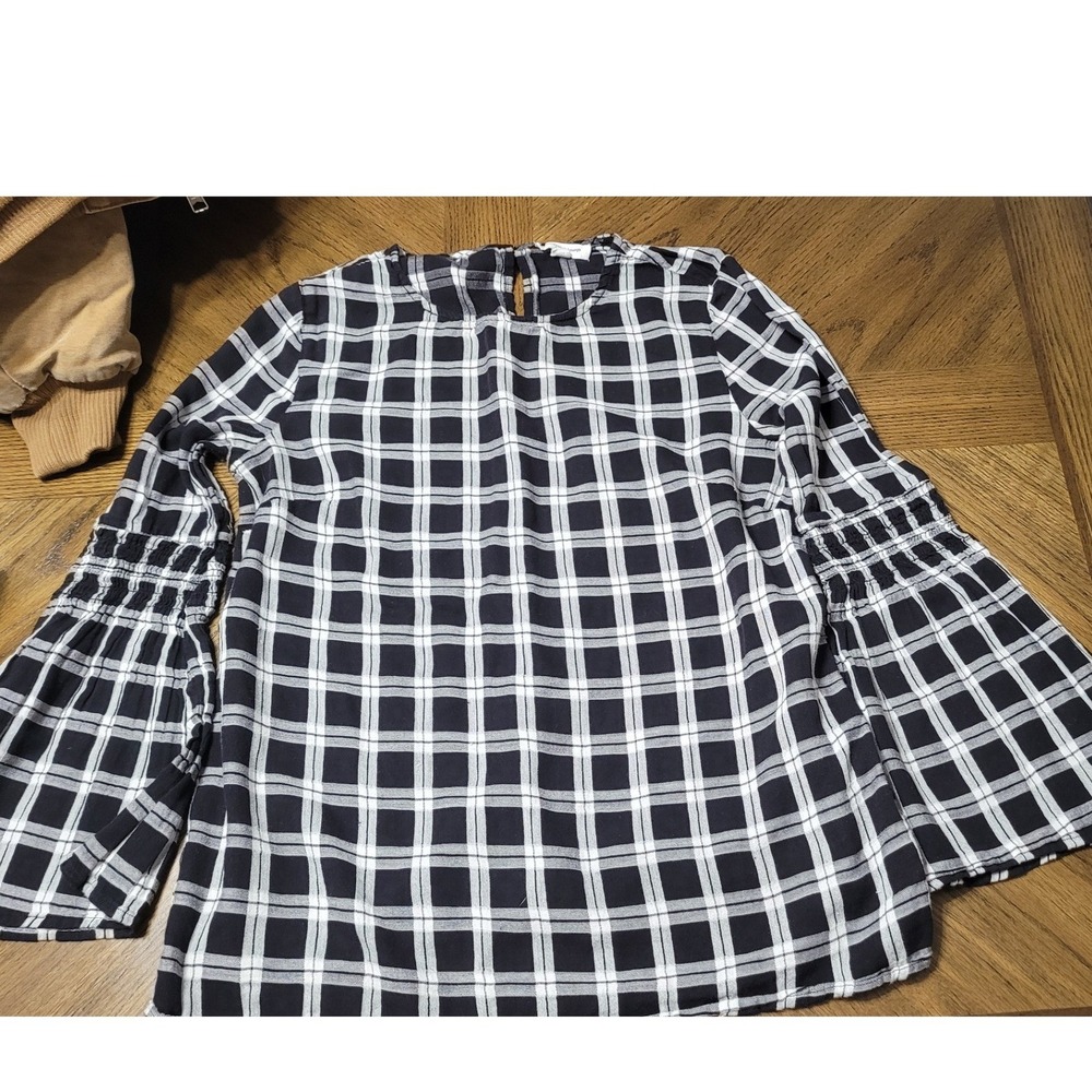 Beachlunchlounge Black White Plaid Bell Sleeve Smocked Blouse Top Medium